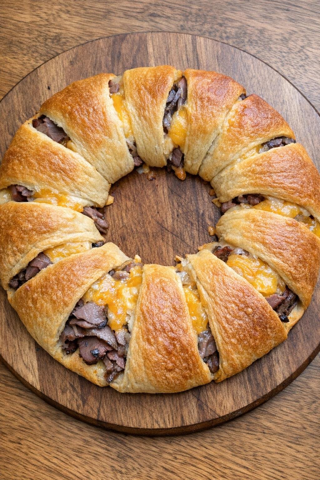 Golden brown roast beef and cheddar crescent ring on a wooden board