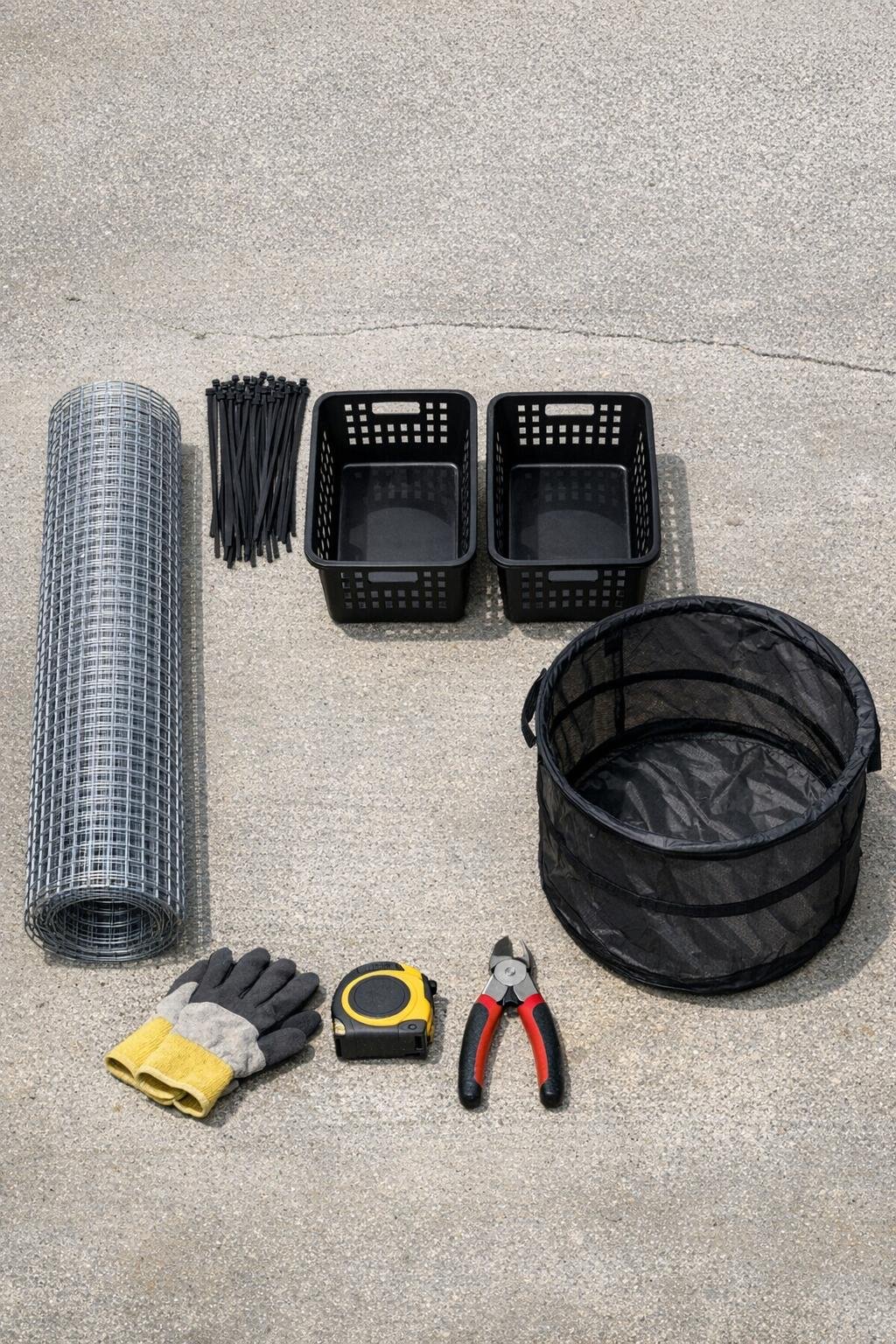 Materials for a DIY garden debris shredding cage laid out on concrete