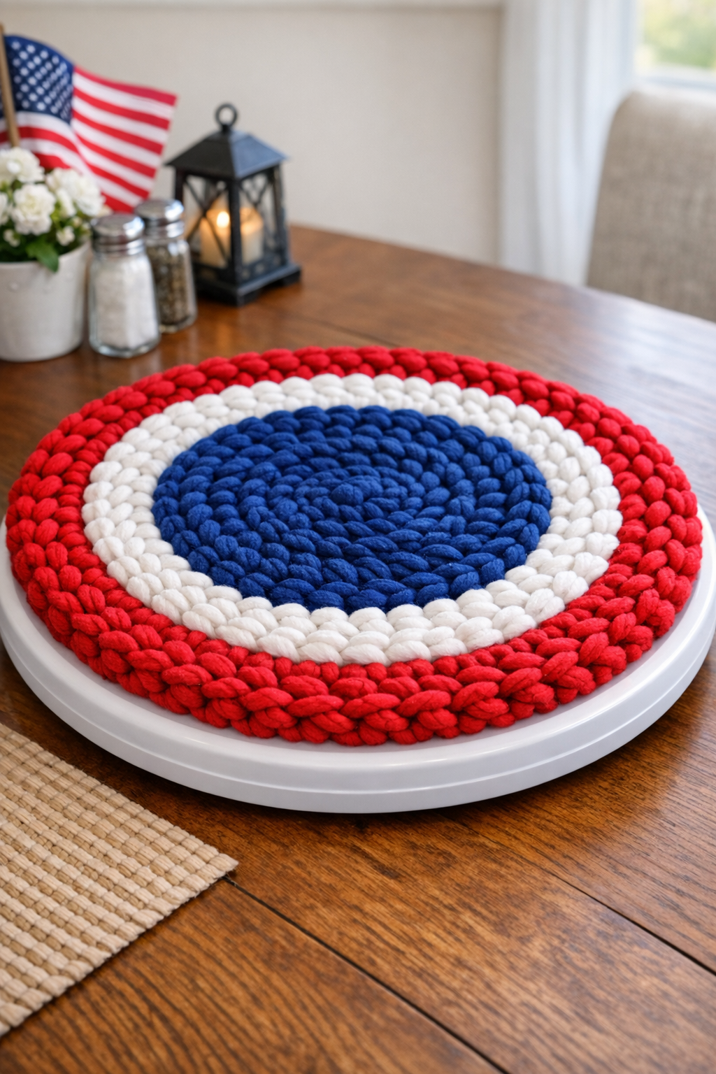 Finished patriotic crochet table topper made on a plastic lazy Susan