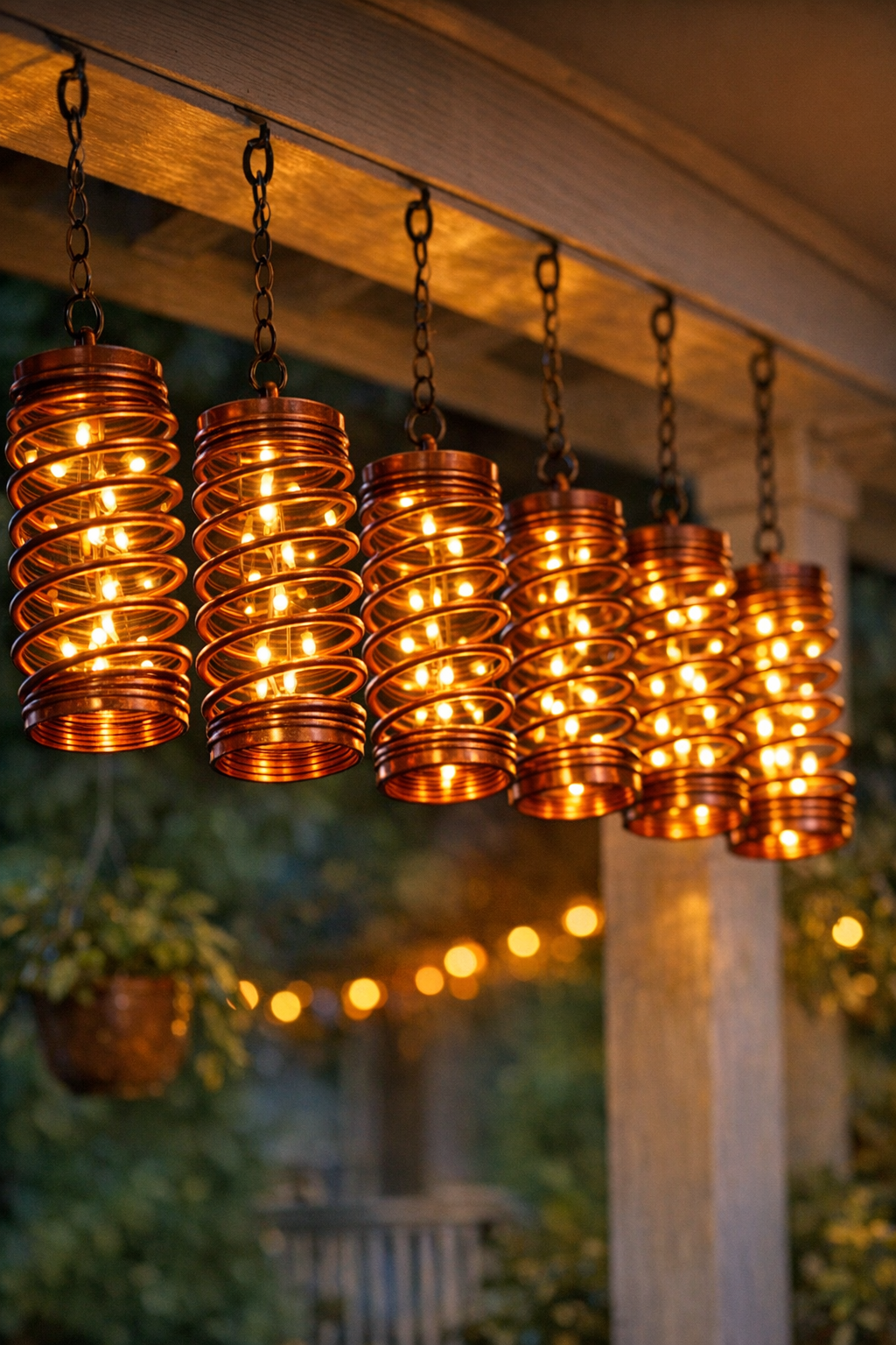 Finished vintage-style porch lanterns made from copper-painted slinkys and warm white string lights