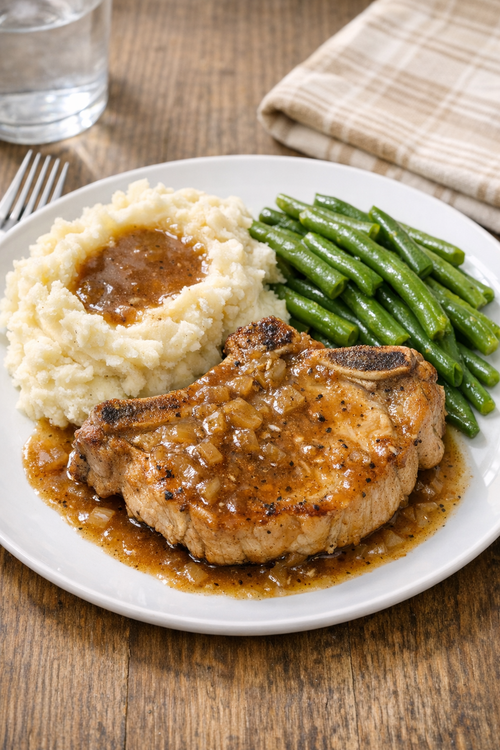 Finished slow cooker pork chops plated with sauce