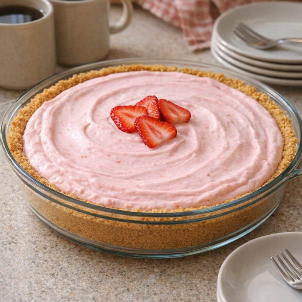 Strawberry fluff pie on a family dessert table