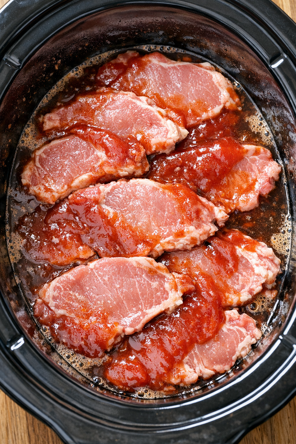 Pork chops covered with ketchup and cola in slow cooker