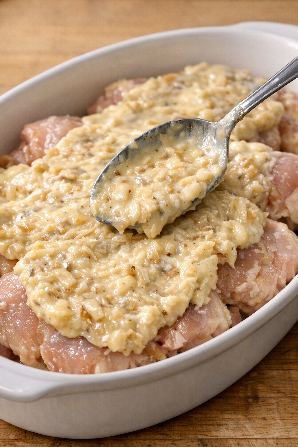 Soup and onion mix being spread over chicken