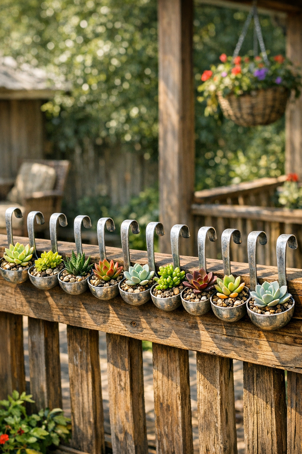 Finished rustic ladle succulent planters mounted on a porch railing