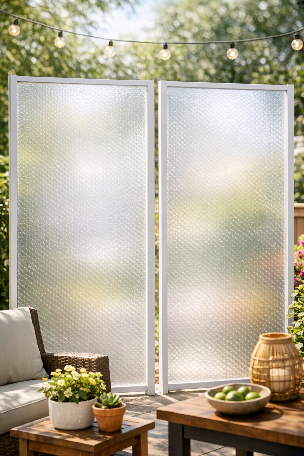 Finished faux frosted patio panels in place