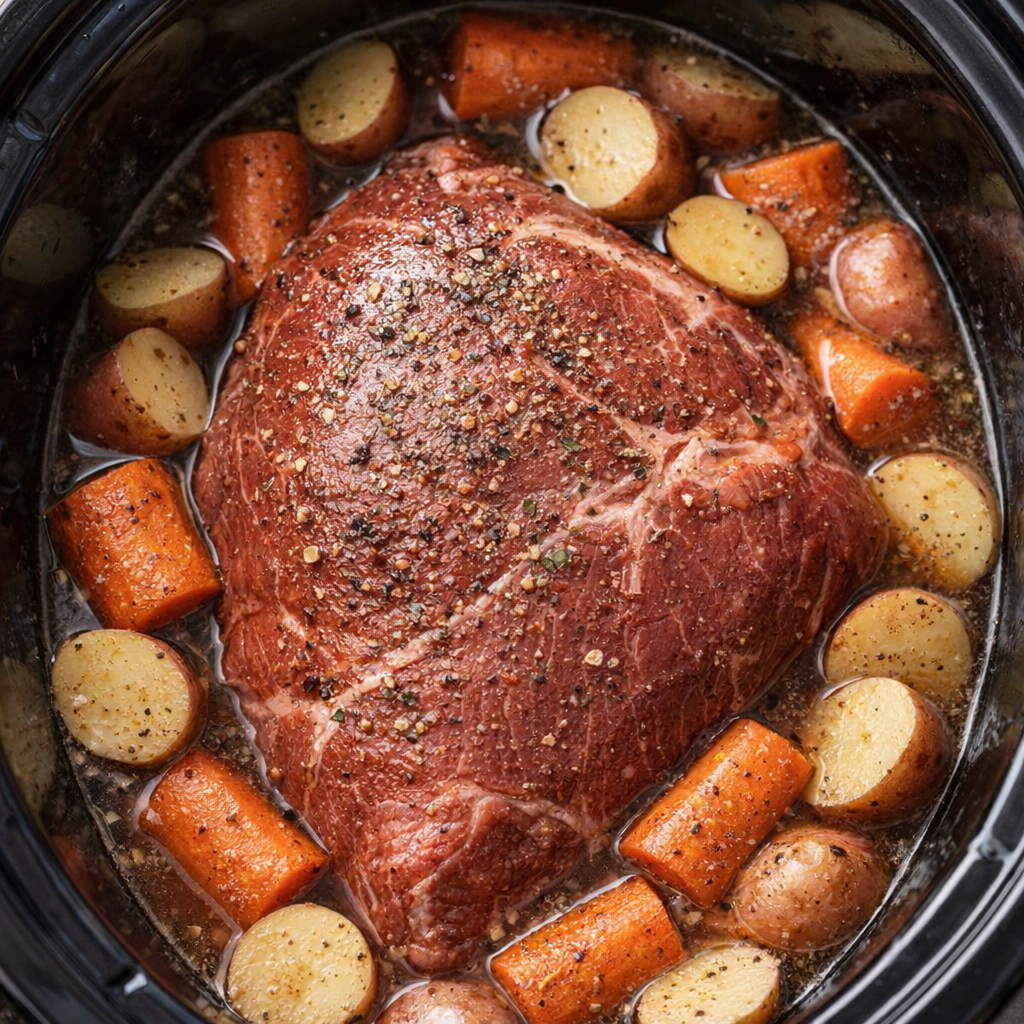 Slow cooker roast with carrots and baby potatoes