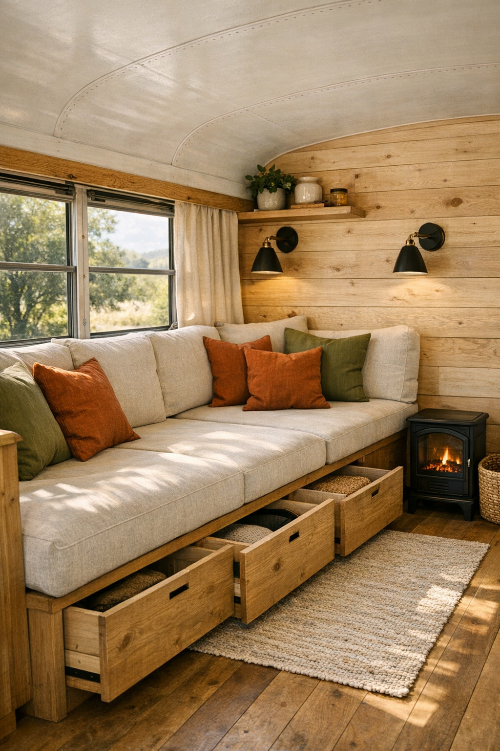 Cozy converted bus living room with built-in bench seating and light wood walls