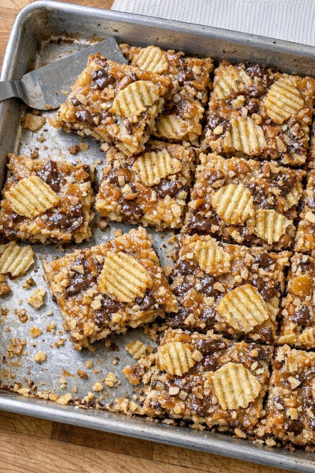 Finished potato chip dessert cut into bars on a sheet pan