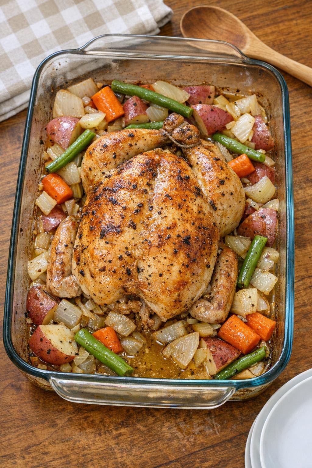 Finished roasted whole chicken in glass casserole dish