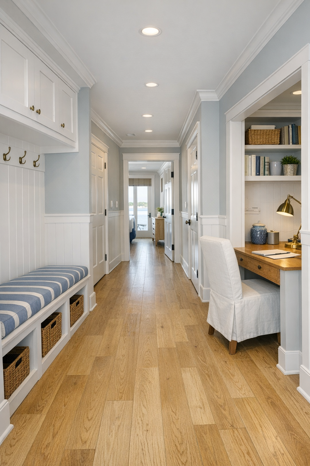 Barrier-free hallway and utility area with wainscoting and built-in storage