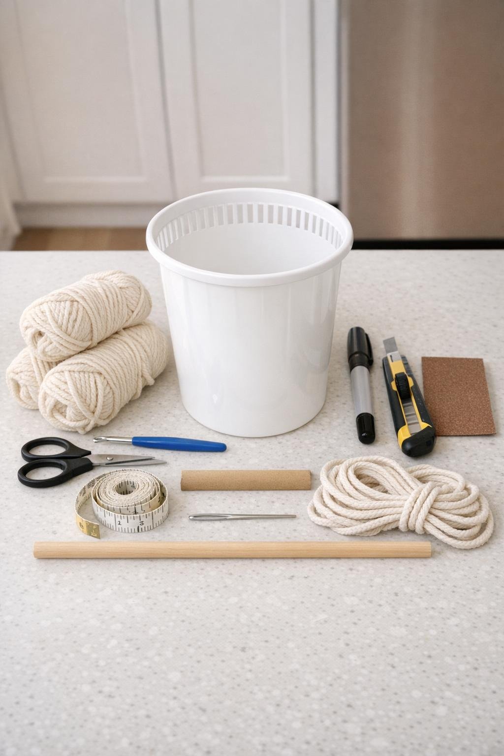 Materials for making a crochet wall hanging from a white plastic trash can laid out on a counter