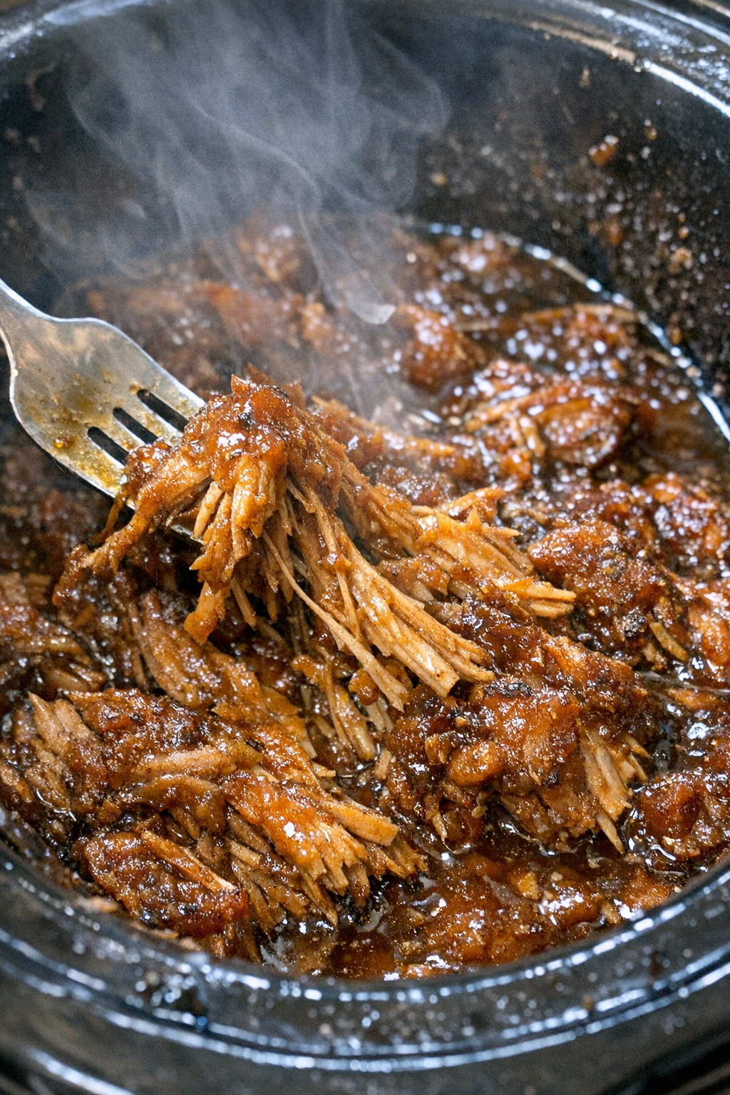 Slow cooker shredded protein glazed in caramelized sauce