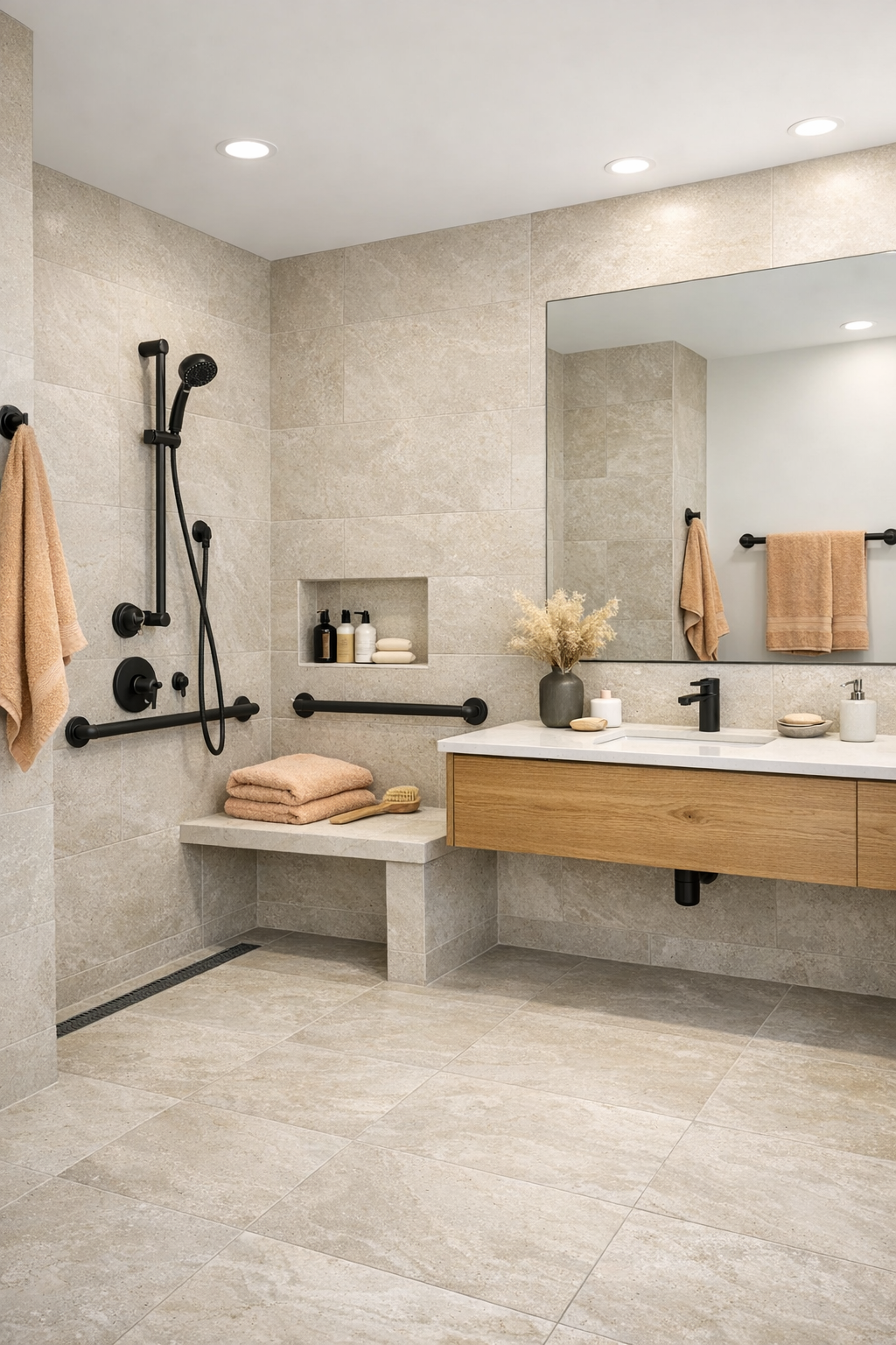Accessible bathroom with curbless shower, oak vanity, and pale limestone-look tile