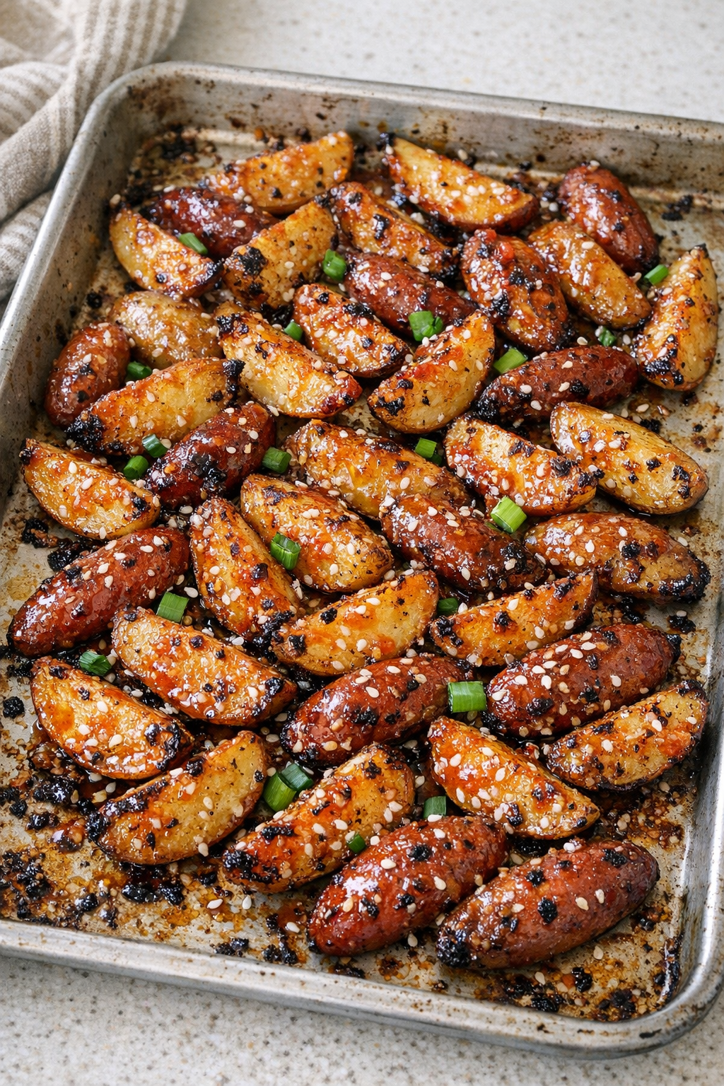 Finished sweet chili fingerling potato bites on a sheet pan