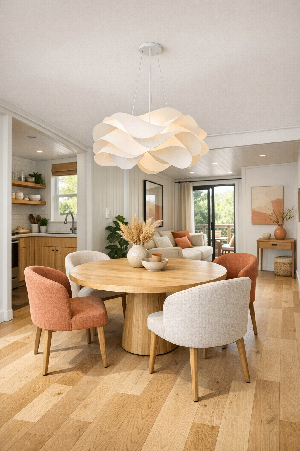 Warm modern dining room with a light wood round table and muted coral accents