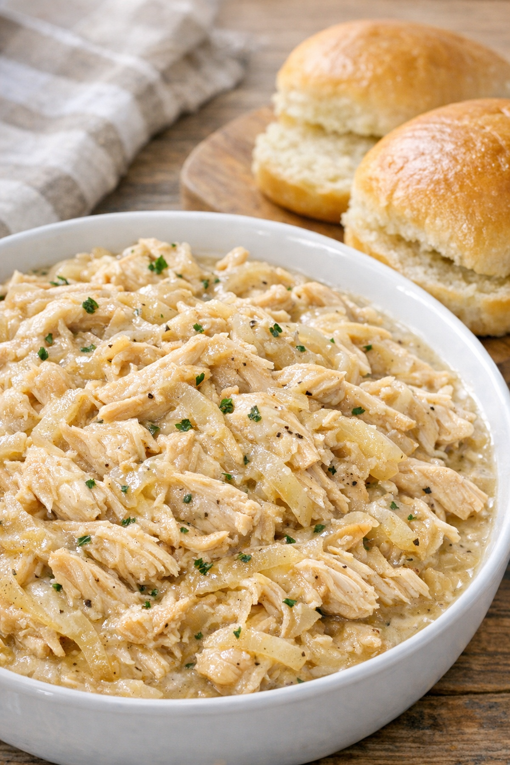 Shredded chicken in onion gravy for sandwiches