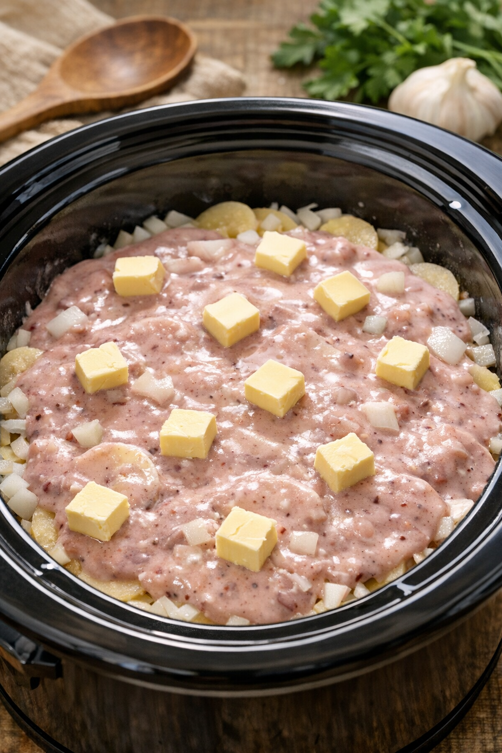 Liquid poured over potatoes in the slow cooker with butter on top