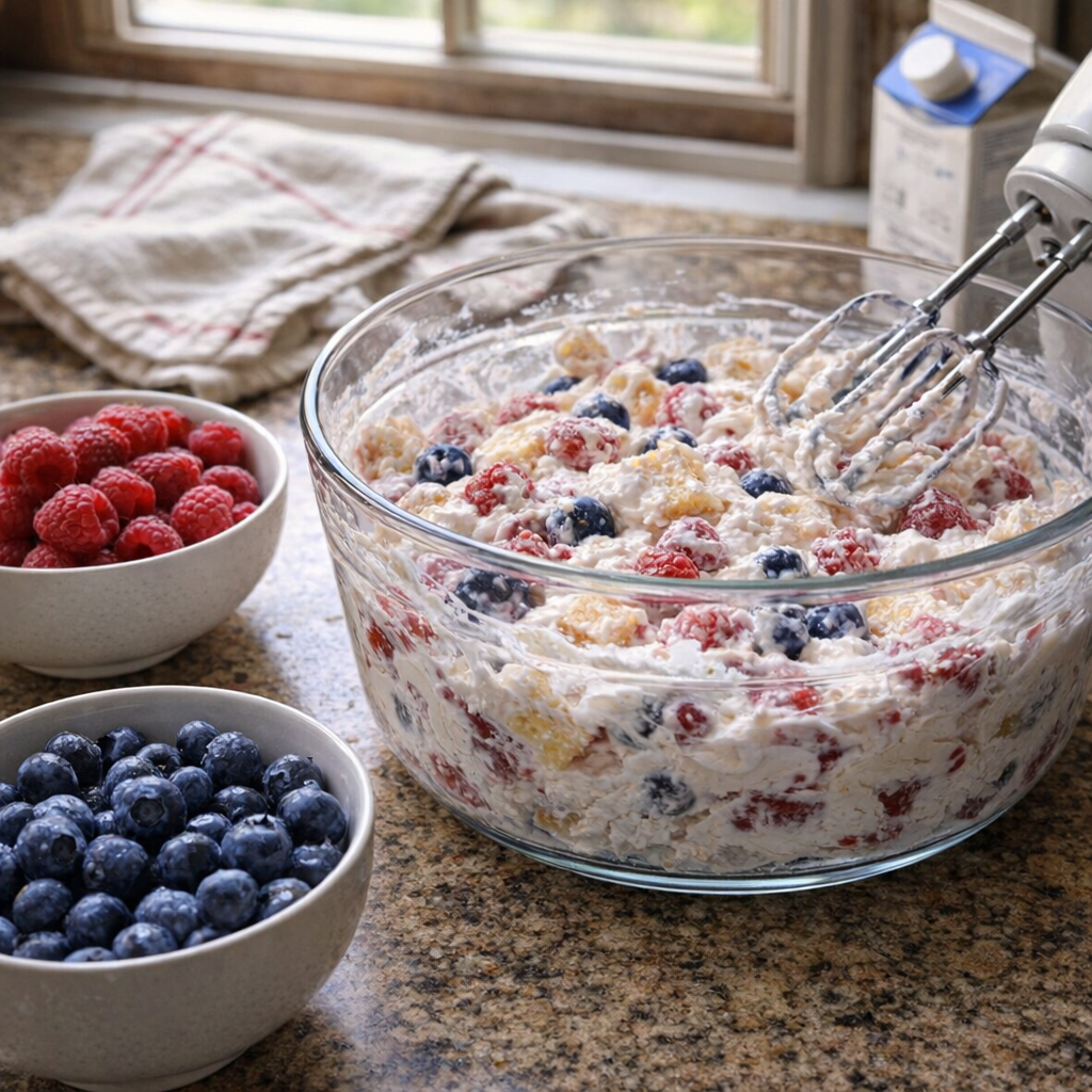 Chilled mixing bowl and fresh berries ready on the counter