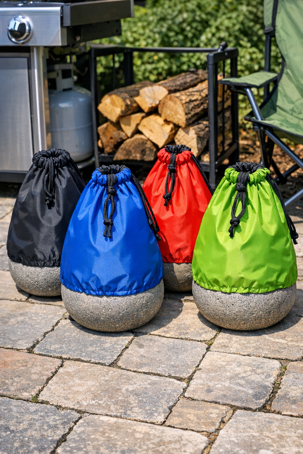 Finished heavy teardrop yard weights made from nylon drawstring backpacks