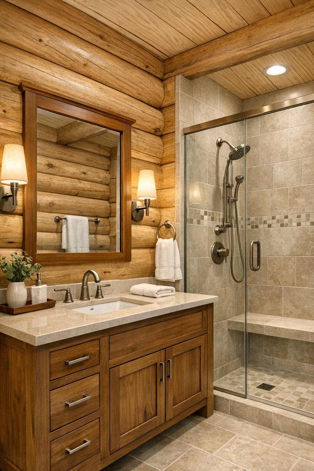 Warm rustic bathroom with wood vanity, pale stone, and soft lighting