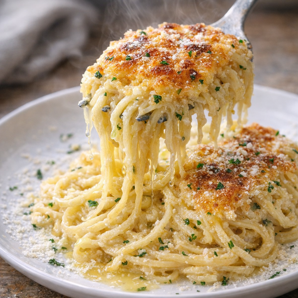 Served scoop of garlic parmesan noodles with golden crust