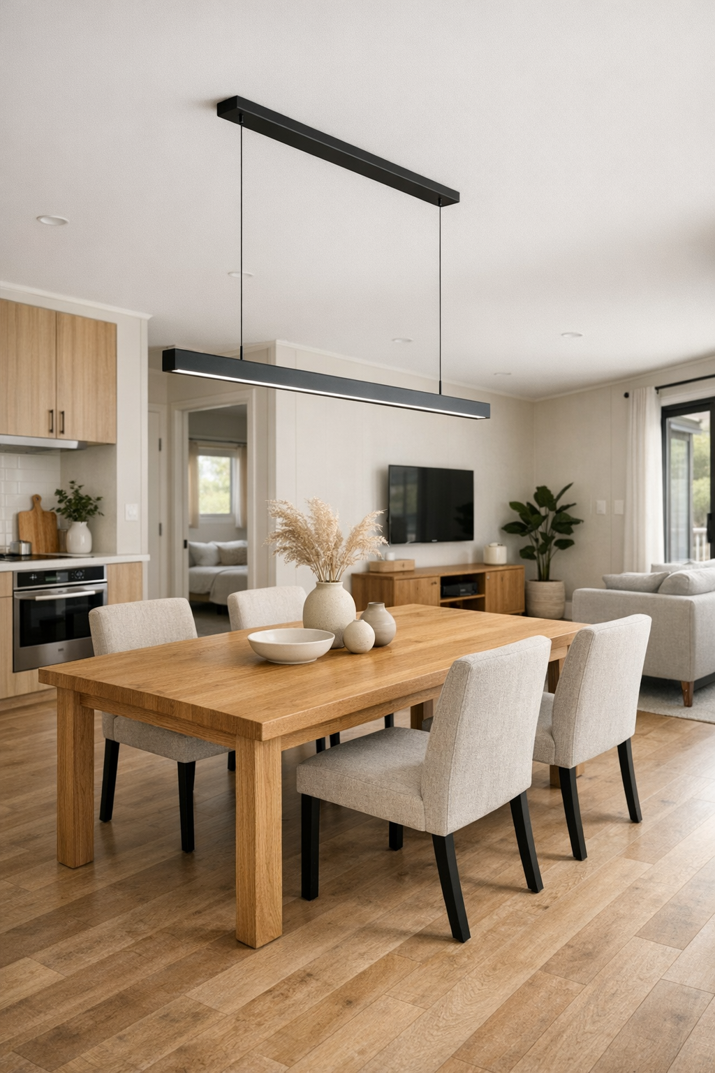 Open dining area with oak table, upholstered chairs, matte black pendant, and warm neutral finishes