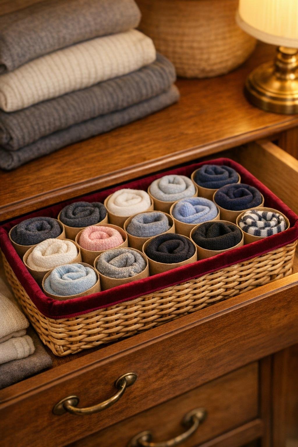 Finished wicker basket sock organizer with burgundy velvet ribbon in a bedroom drawer
