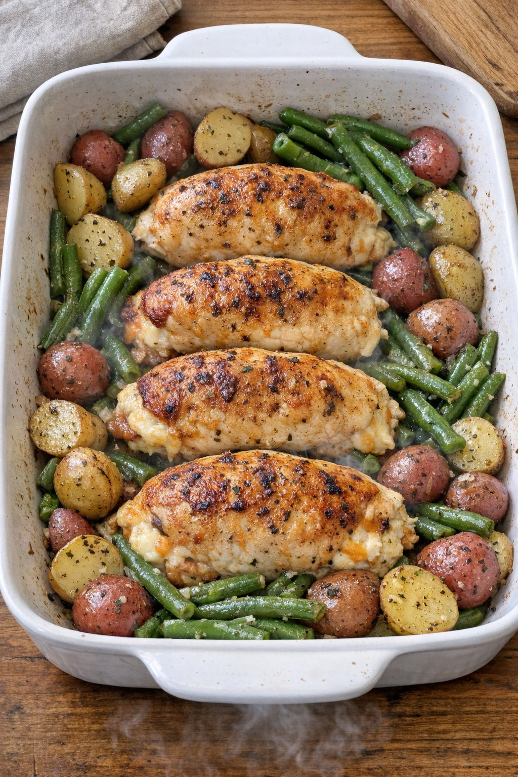 Baked stuffed chicken breasts with seasoned vegetables in a ceramic baking dish