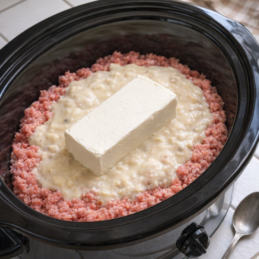Slow cooker filled with ground beef, cream cheese, and soup before cooking