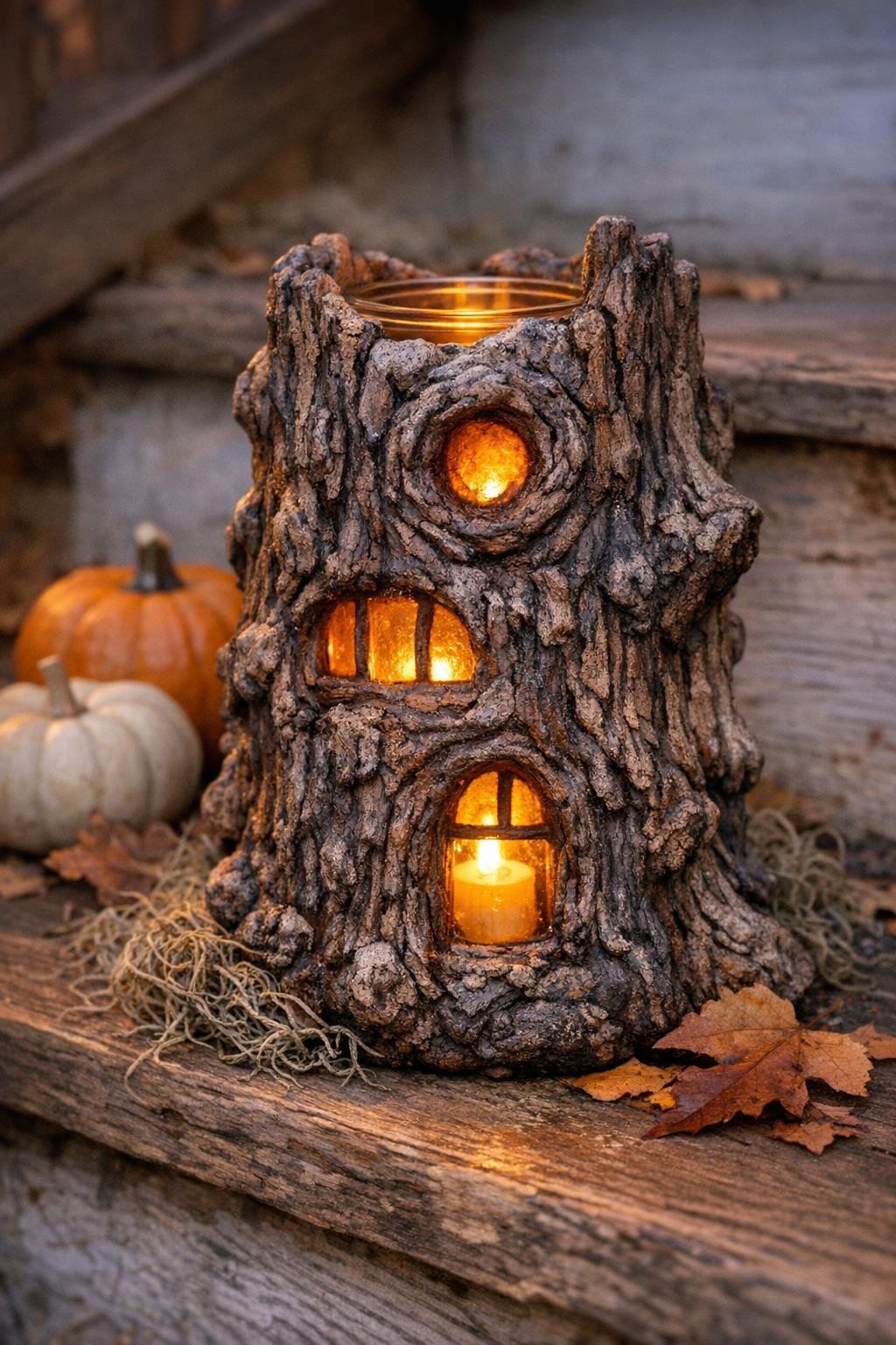 Finished haunted tree stump lantern glowing at night