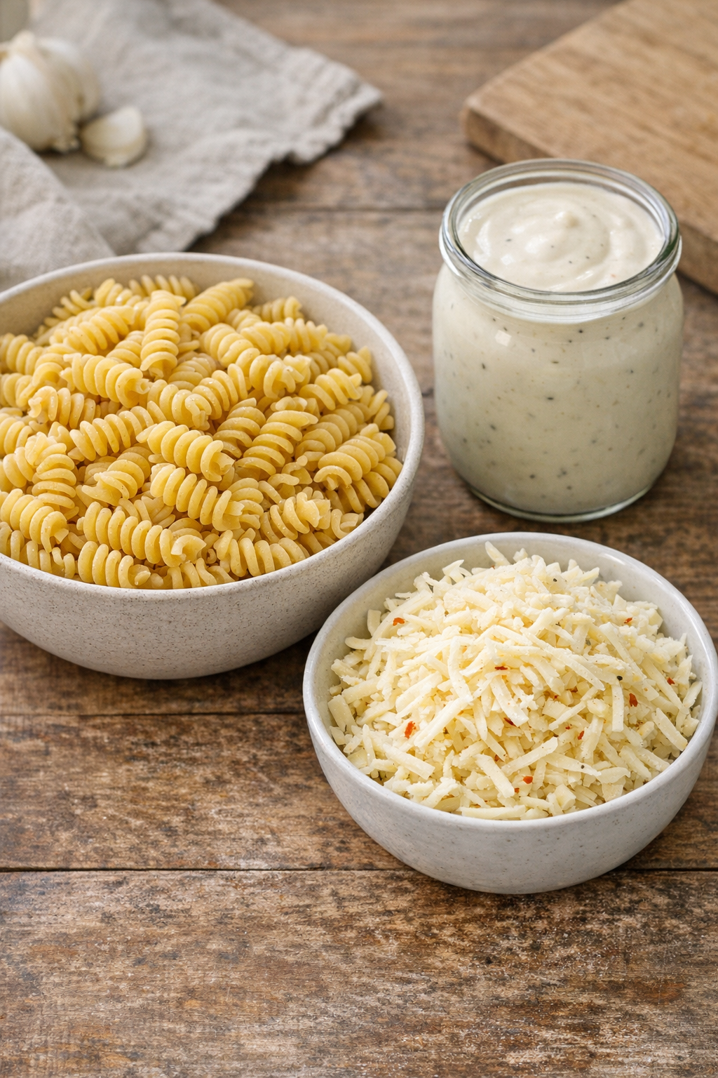 Rotini, Alfredo sauce, and shredded pepper jack cheese