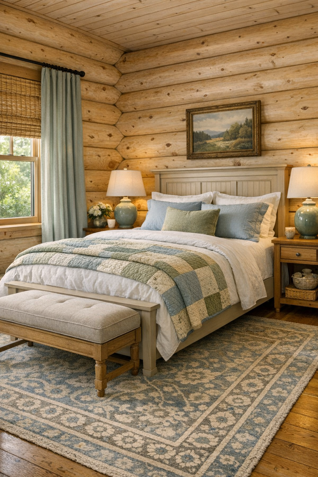 Serene log home bedroom with quilted bed and soft blue accents
