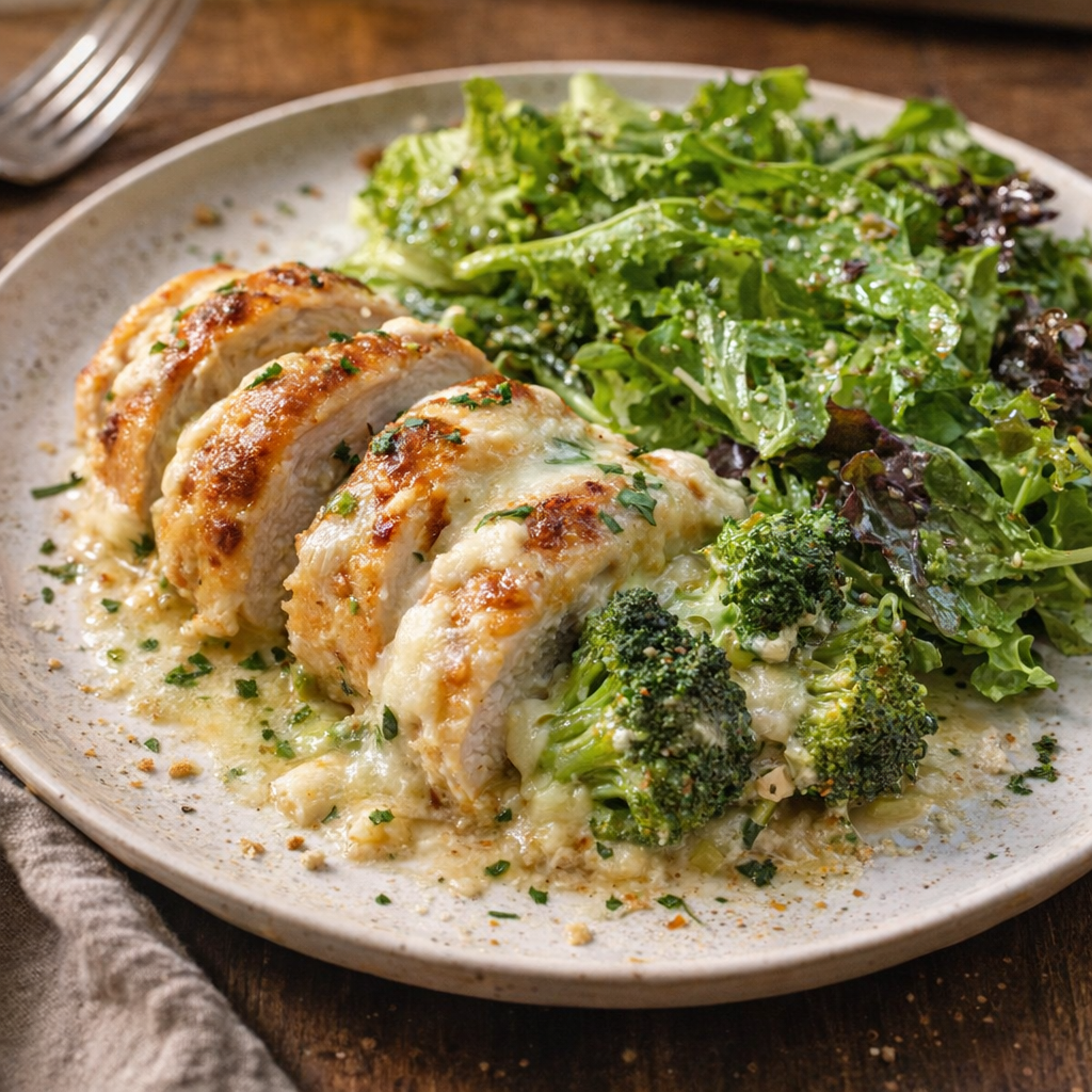Een portie romige broccoli-kip ovenschotel met kaas, geserveerd met een groene salade.