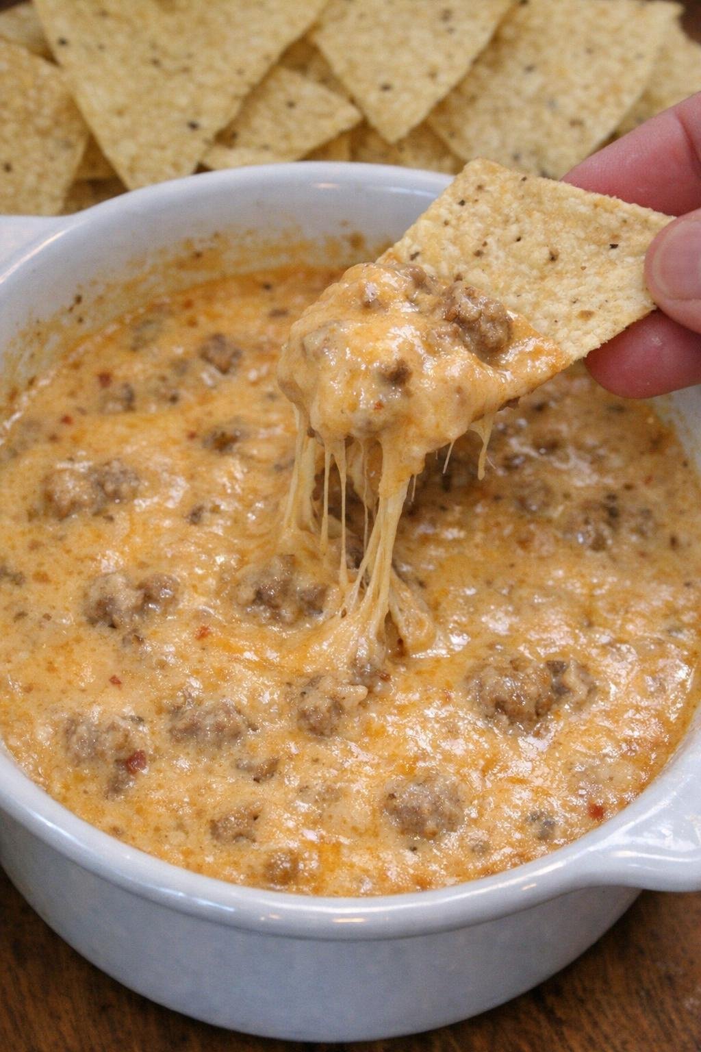 3-ingredient queso dip in a white casserole dish