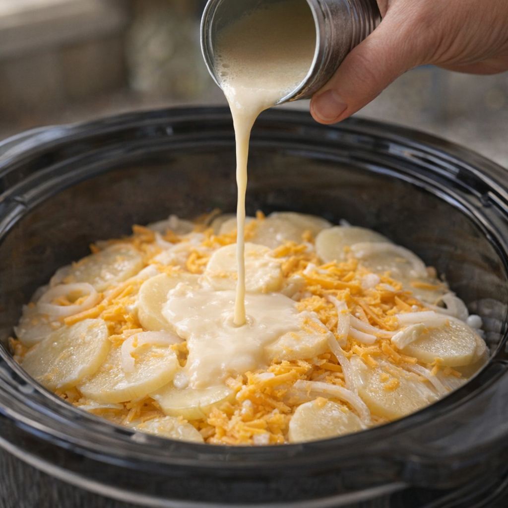 Evaporated milk being poured over layered potatoes