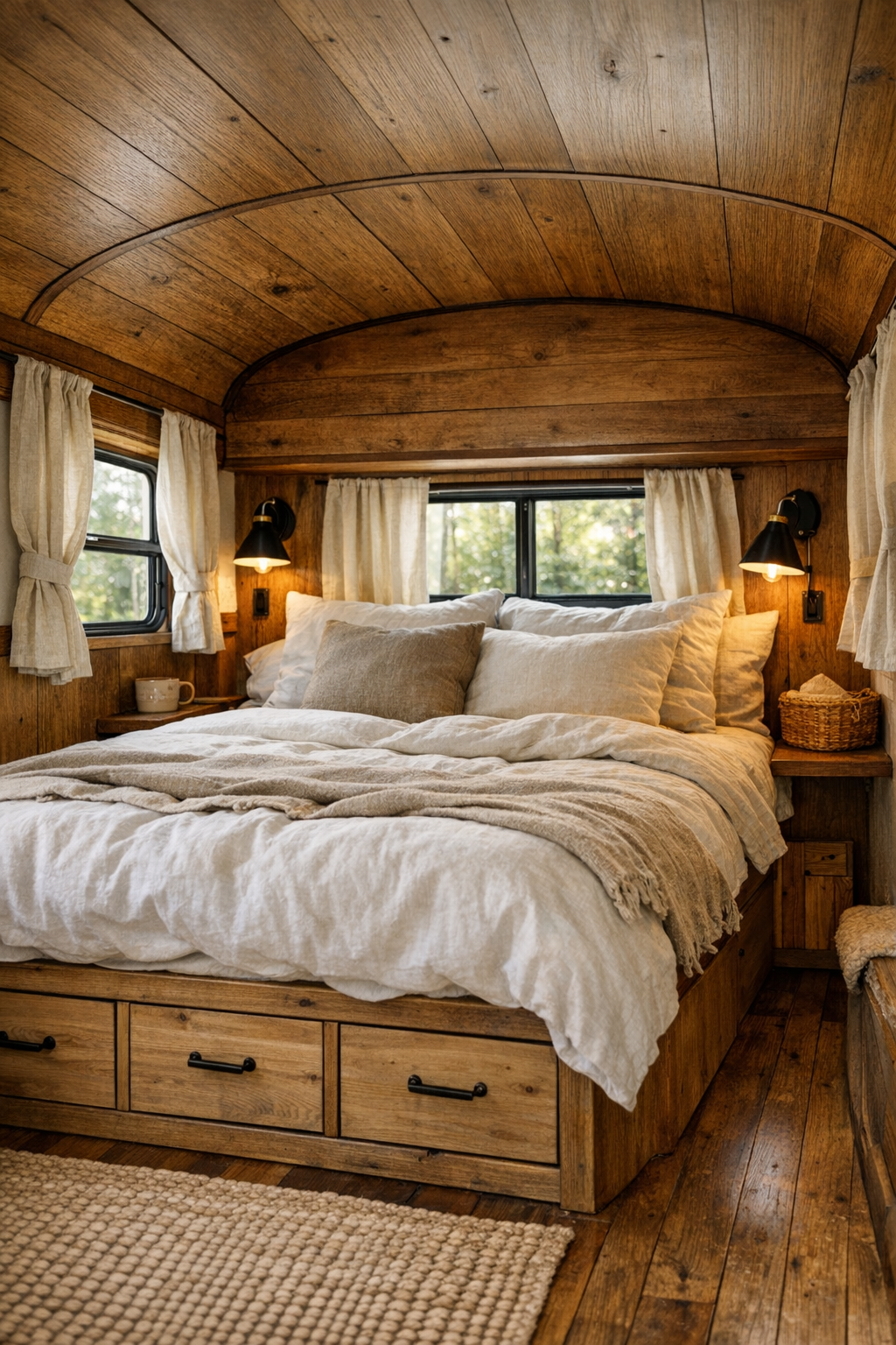 Peaceful bus bedroom with platform bed, natural linens, and warm wood walls
