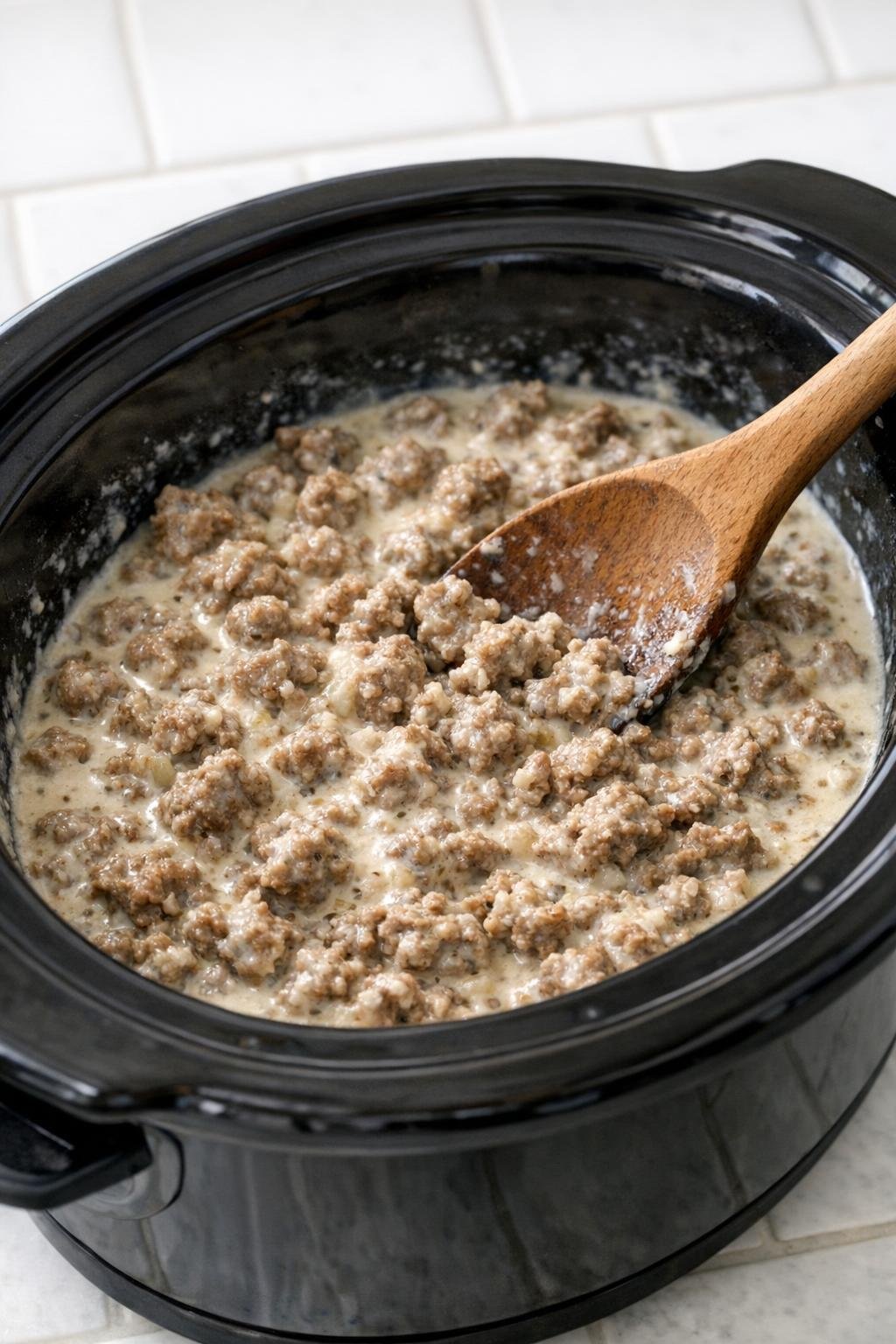 Cooked beef being broken up in creamy sauce