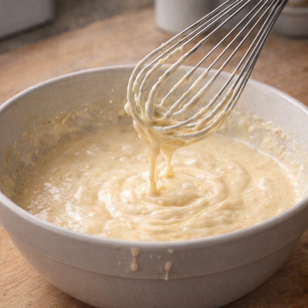 Creamy soup and cream mixture being whisked in a bowl