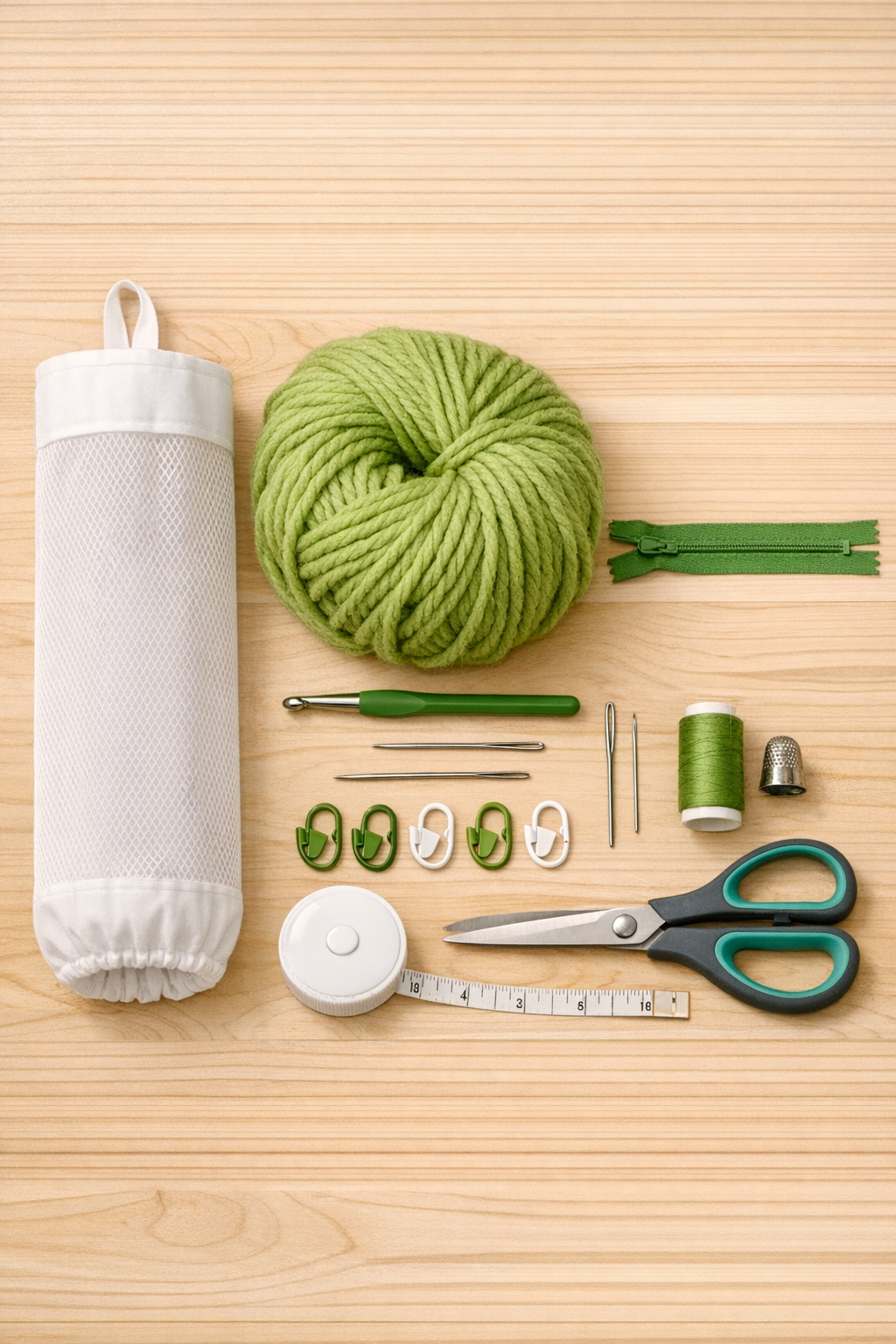 Materials for a crocheted lunch bag made from a grocery bag dispenser and chunky green yarn