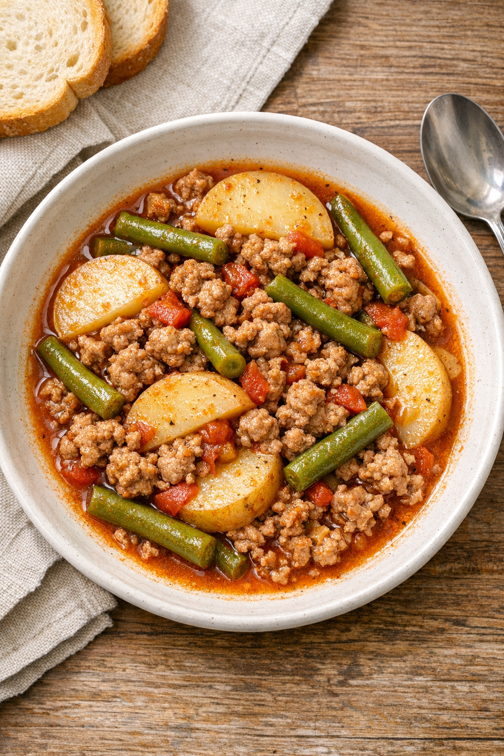 Finished slow cooker ground pork dinner plated in a bowl