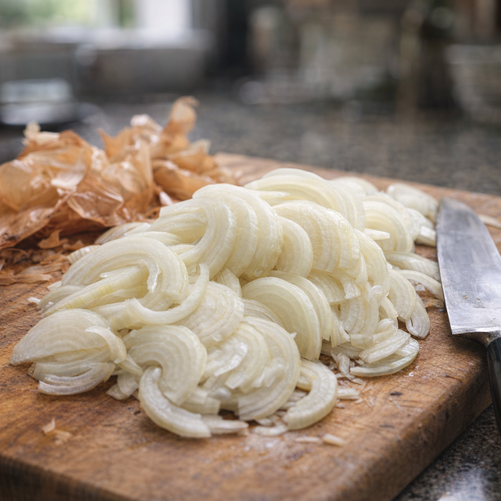 Thinly sliced yellow onions on a cutting board