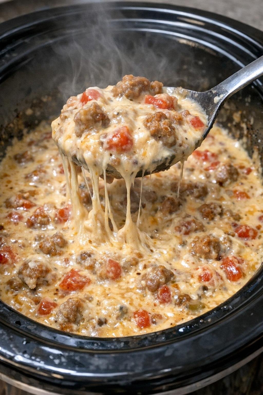 Creamy sausage and cream cheese dip in a slow cooker