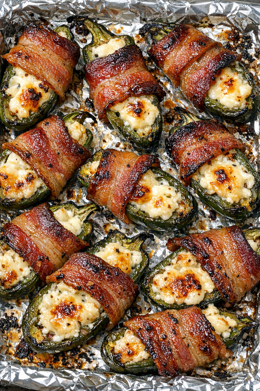 Southern 4-ingredient bacon wrapped jalapenos on a foil-lined baking tray