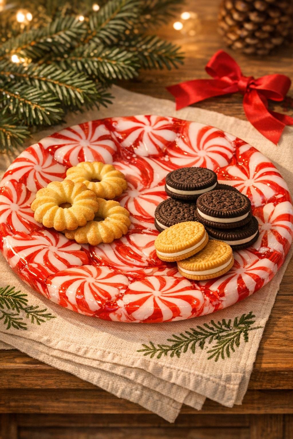 Finished giant peppermint candy platter styled with dry holiday cookies