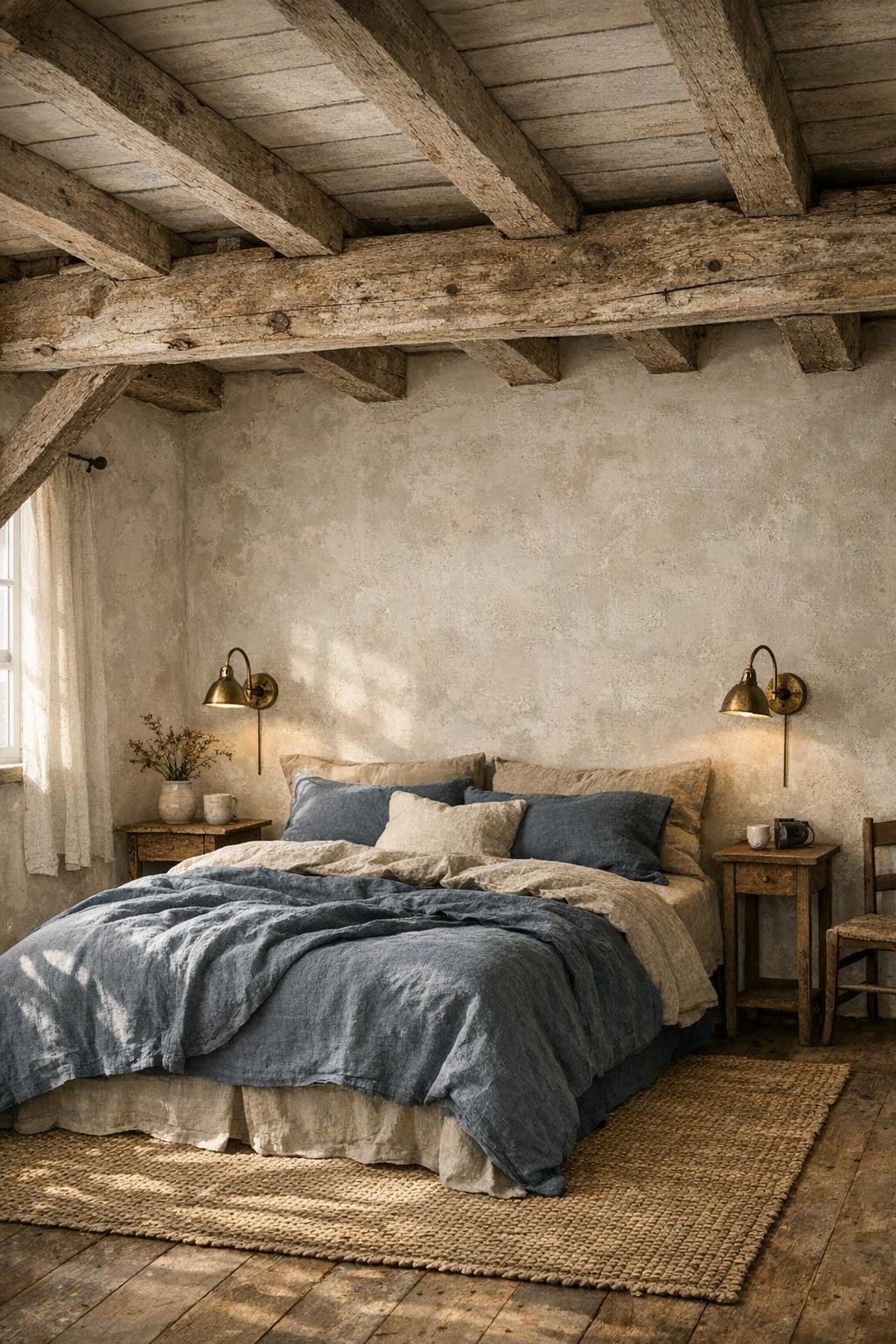 Bedroom with exposed beams, linen bedding, soft plaster walls, and simple brass reading lights