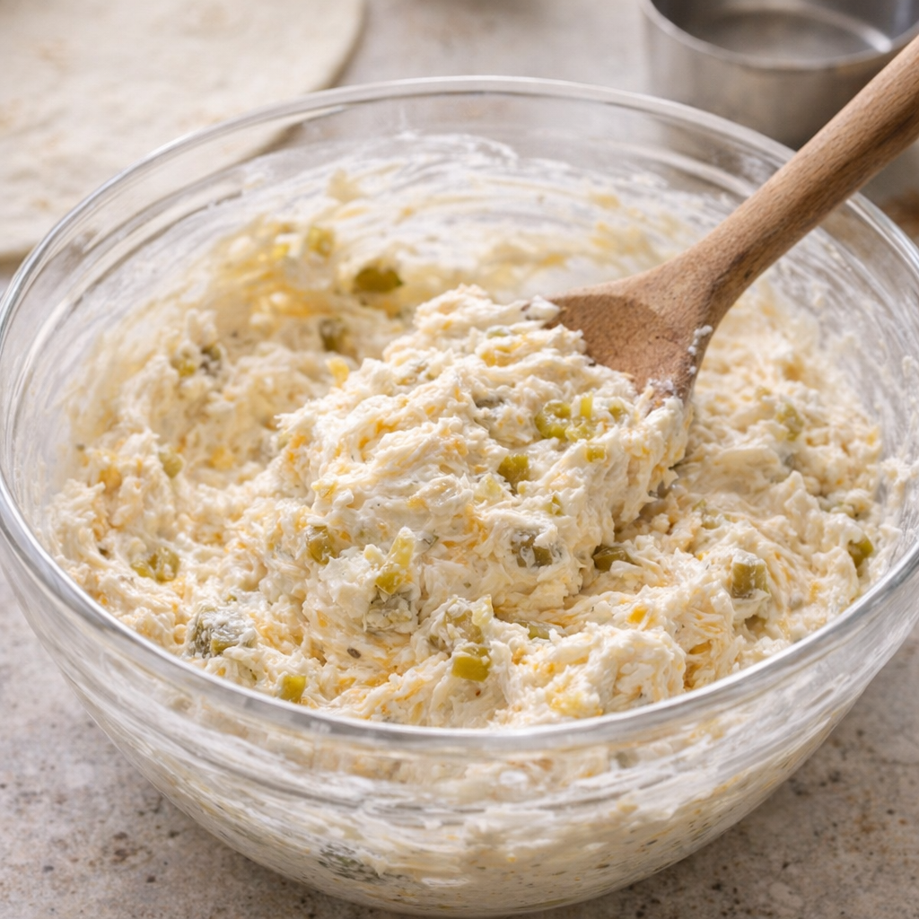 Green chile cheese filling being mixed in a bowl