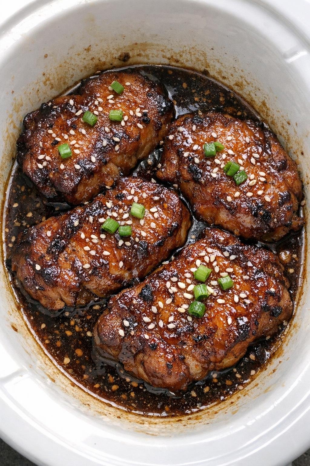 Slow cooker honey soy pork chops in a white slow cooker