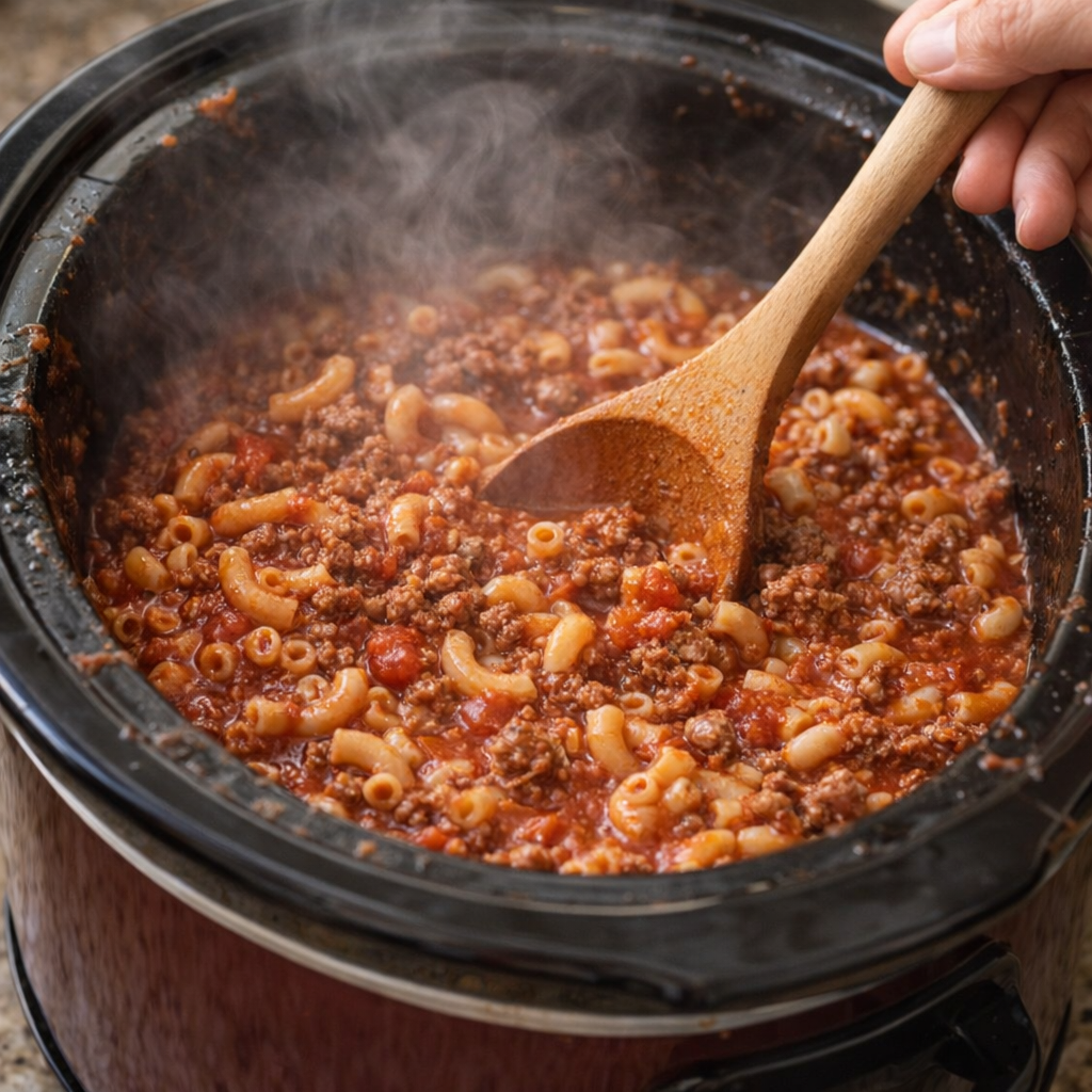 Beef and macaroni being stirred halfway through cooking