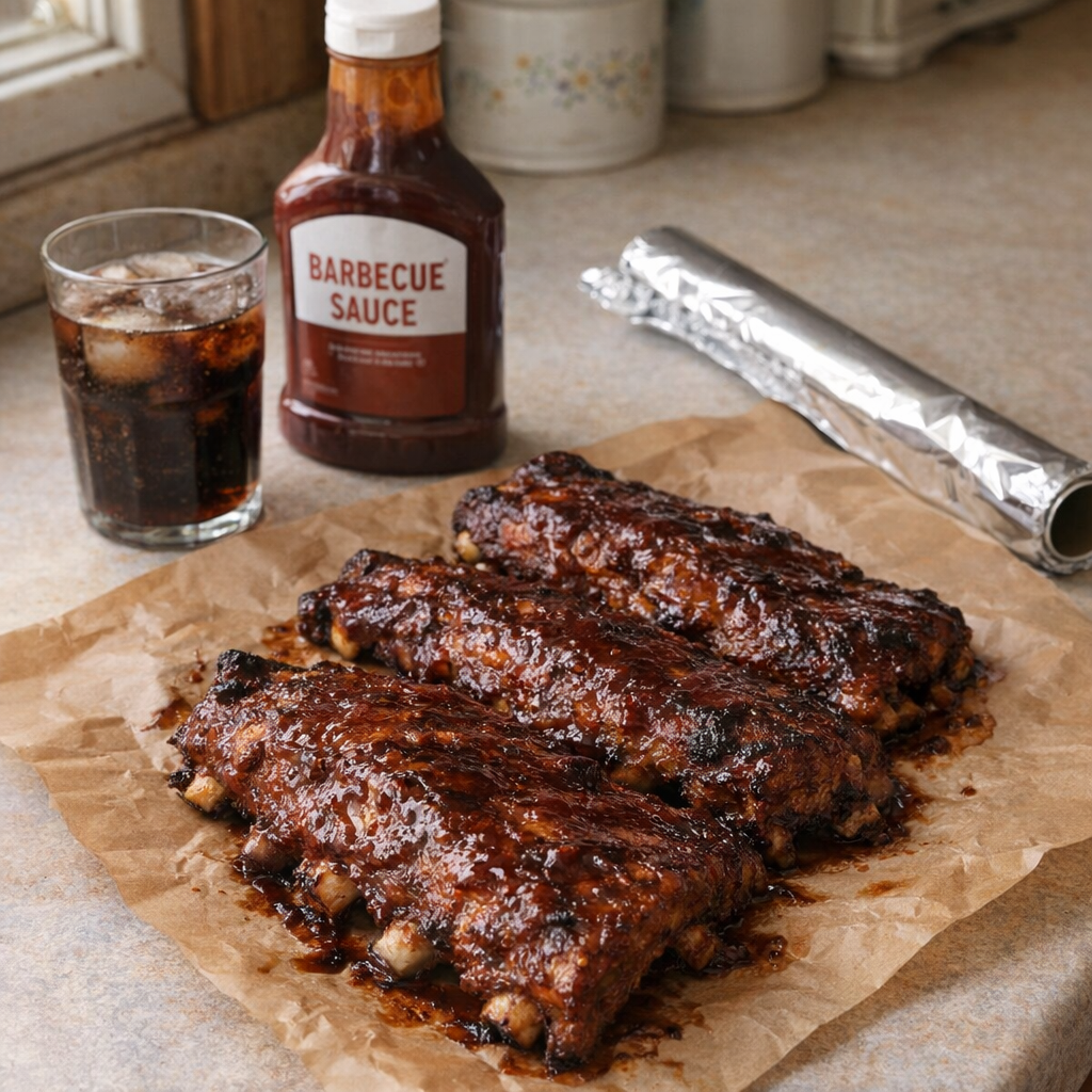 Foil-wrapped ribs ingredients on a country kitchen counter